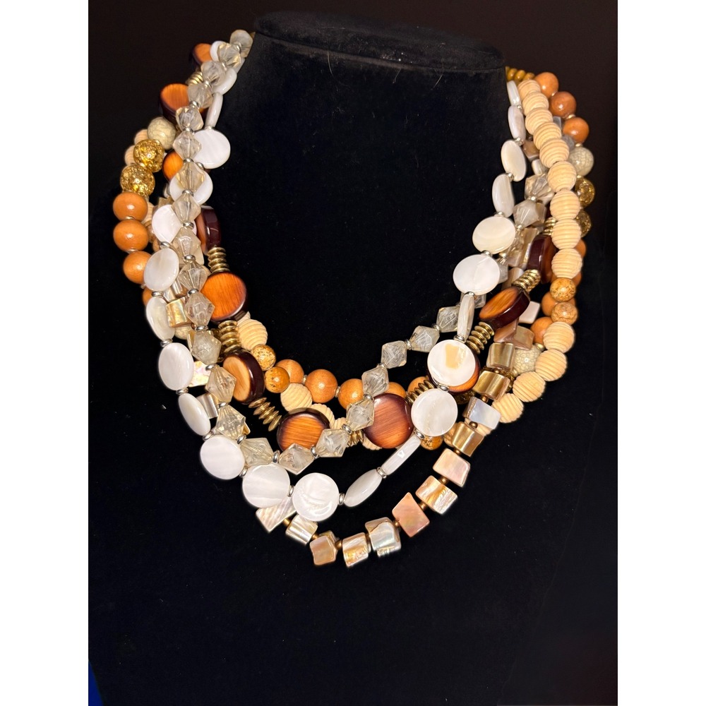 Bohemian‎ Layered Beaded Statement Necklace Wood Shell Accents Neutral Colors